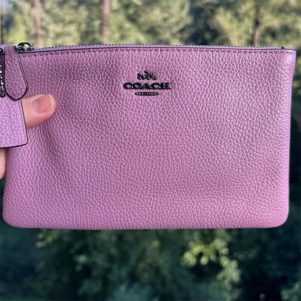 COACH Pink/Purple Pebble Leather Wristlet Wallet w Gunmetal Logo Accents